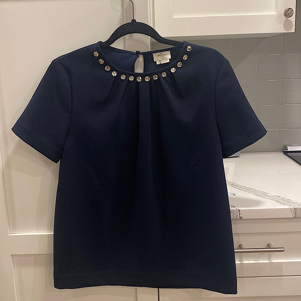 Kate Spade navy blue blouse with gem neckline
